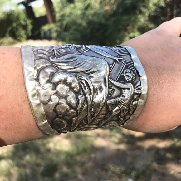 Athena Goddess Columbia Antique Wide Sterling Silver 925 Cuff Bracelet Small - Picture 3 of 6
